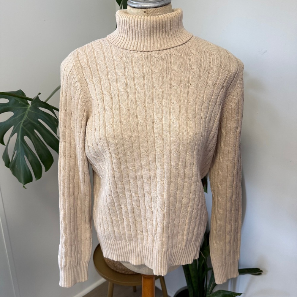 St. John's Bay Turtleneck Sweater Women Large Beige Cable‎ Knit Cotton Blend